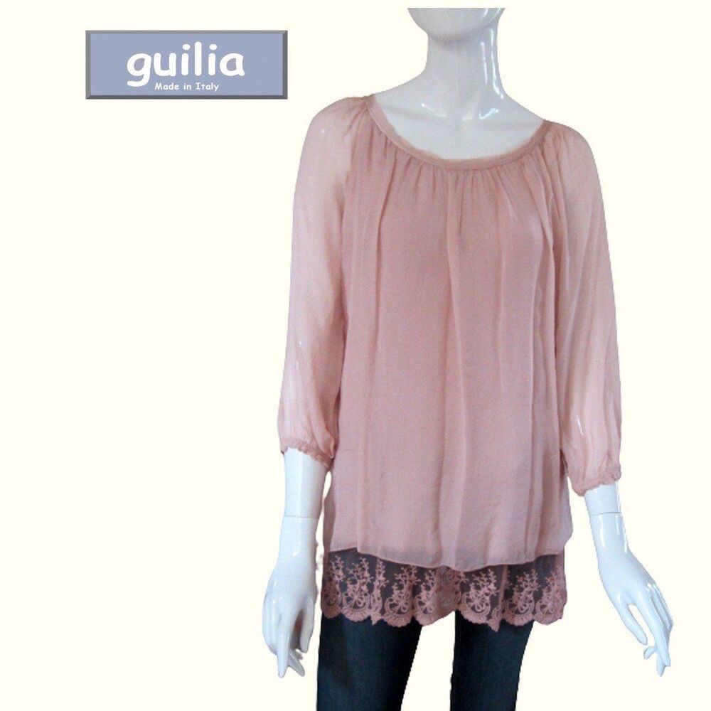 GUILIA ITALY NEW Romantic Peak-a-Boo Lace Hem 100%Silk Raw Trim 3/4-Sleeve Top S